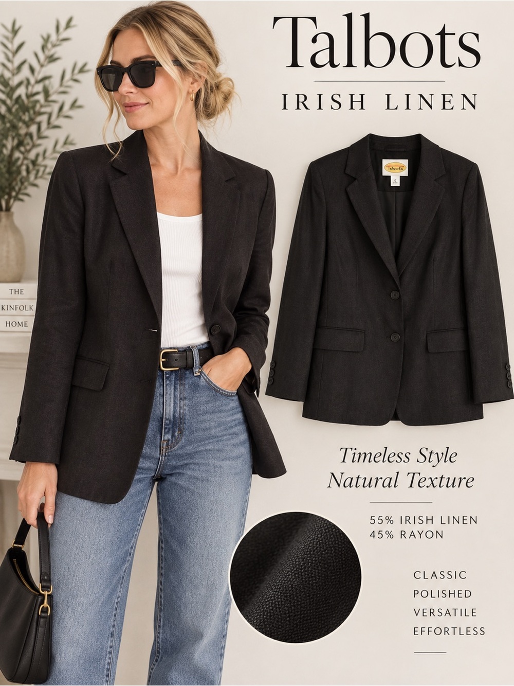 Talbots Size 6 Black Irish Linen Blazer Jacket Dark Academia